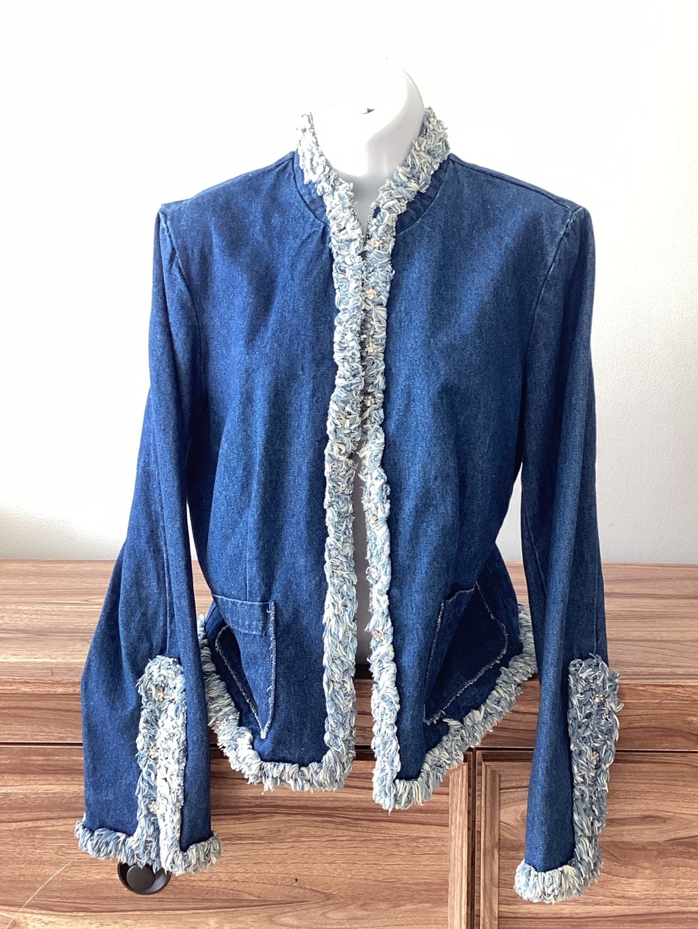 Y2K West Port‎ Denim Skirt Bling Rhinestone Fringe Trim Glam Boho Jacket S